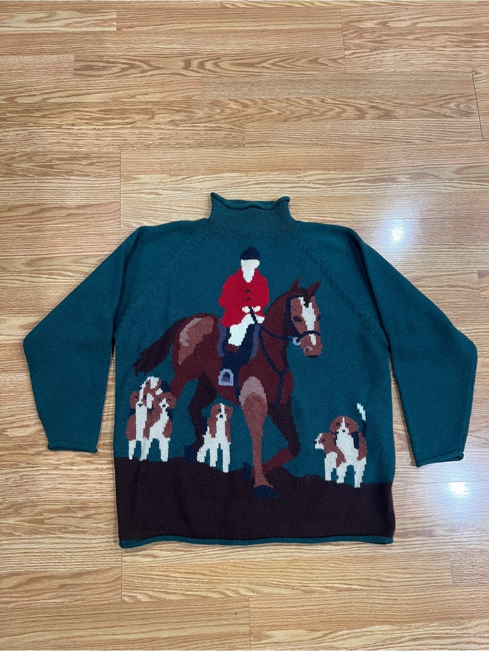 Vintage Men's Dark Green Equestrian Turtleneck Shetland Wool Sweater